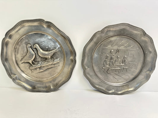 Vintage Dutch Pewter Wall Plates & Pan – Ornate Decorative Collection (Set of 4)