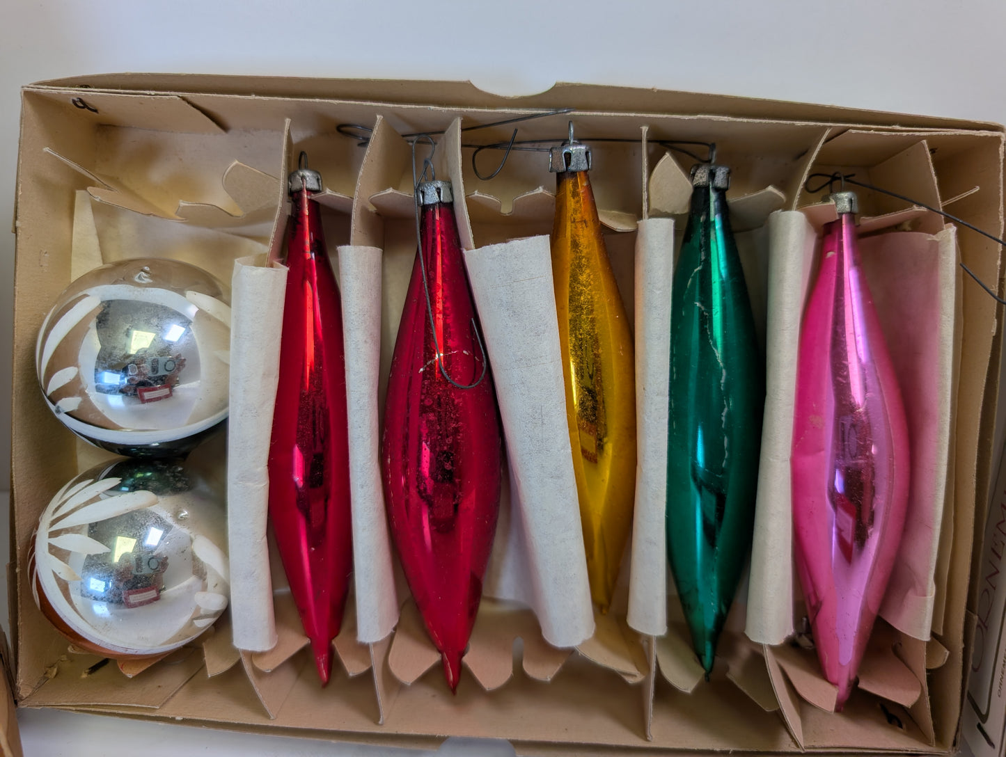 Vintage glass assorted Christmas ornaments with Christmas cards