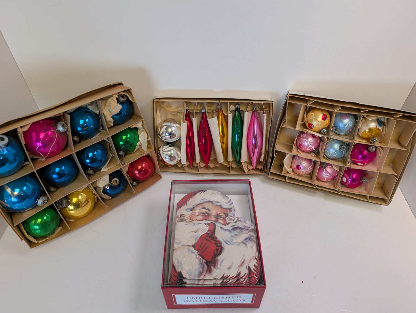 Vintage glass assorted Christmas ornaments with Christmas cards