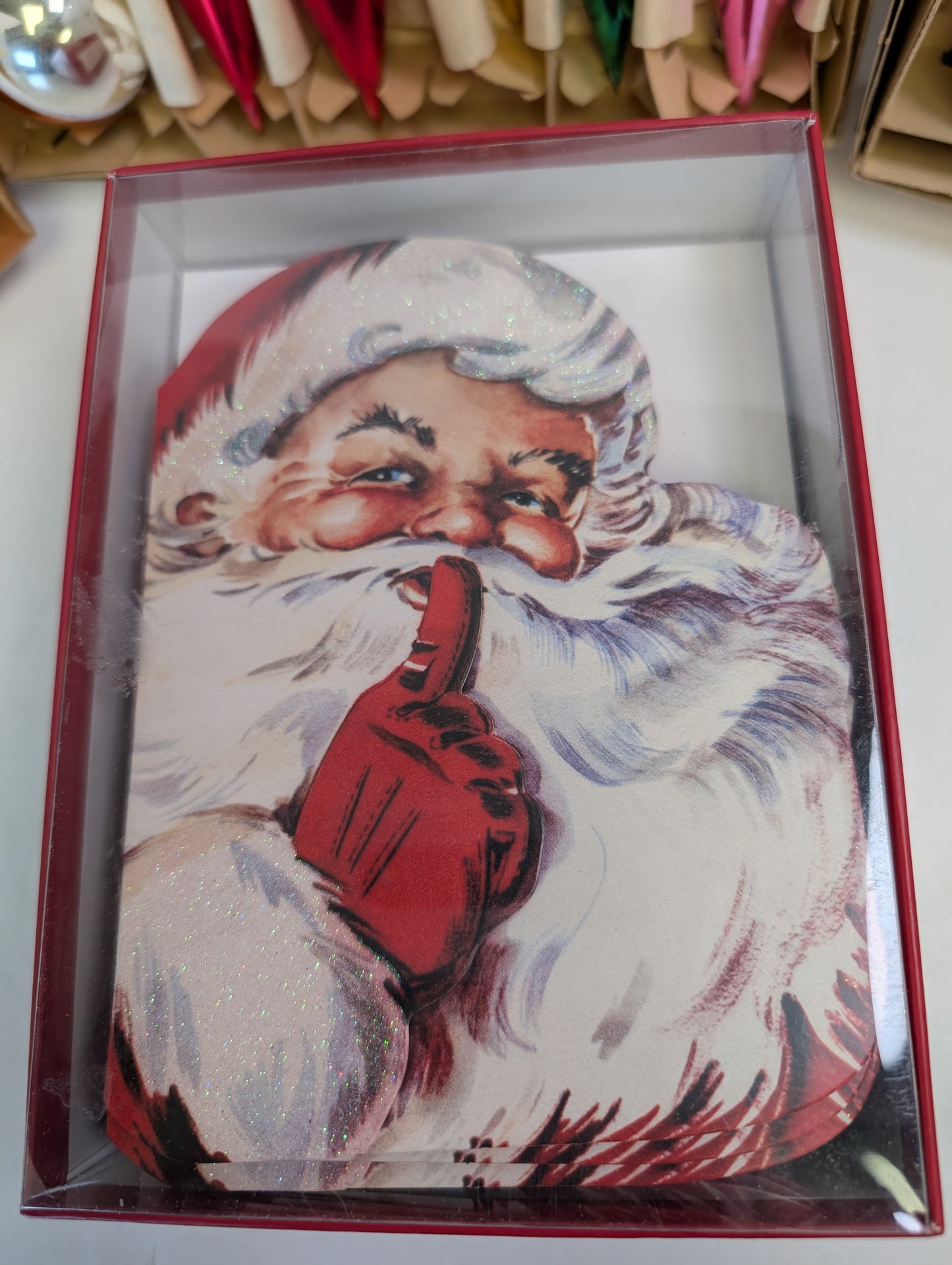 Vintage glass assorted Christmas ornaments with Christmas cards