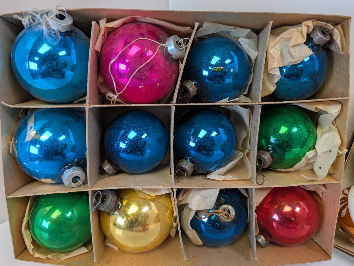 Vintage glass assorted Christmas ornaments with Christmas cards