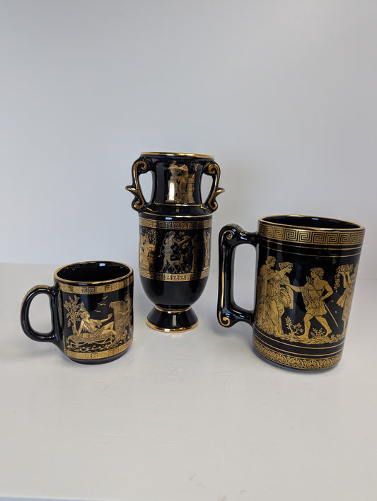Vintage Greek Pottery Vase and Two Mugs
