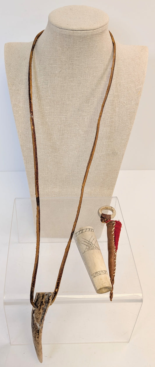 19th century Inuit Ivory pipe, antique antler necklace