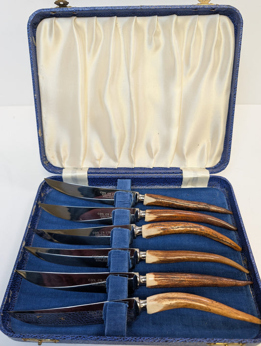 6 vintage staghorn knife set by Cox Co LTD. Sheffield England